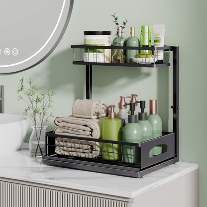 Under Sink Organizer, 2 Pack Cabinet Organizer for Kitchen, Height Adjustable Pull Out Heavy Duty 2 Tier Metal Under Sink Storage for Bathroom Pantry (Black, 2 Pack)