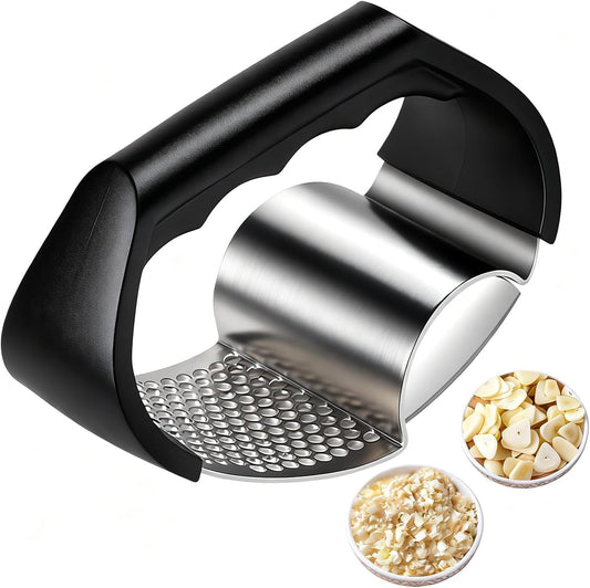 2-in-1 Garlic Press Rocker Stainless Steel with Slicer Blade, Garlic Roller,Garlic Rocker Press for Ginger & Chili, Ergonomic Non-Slip Handle, Dishwasher Safe Garlic Crusher