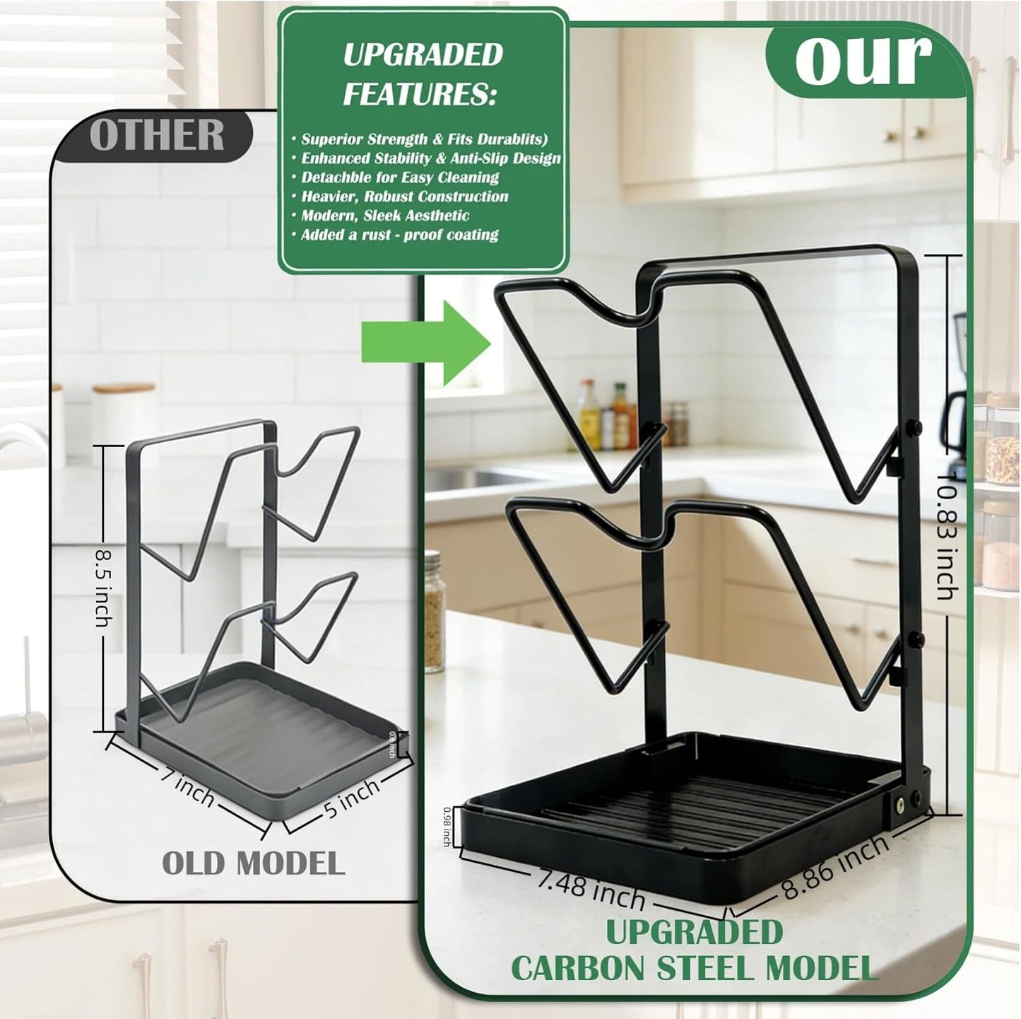 2-Tier Pot Lid Holder While Cooking, Countertop Organizer | Heavy Duty Pot Lid Organizer with Drip Tray and U-Shaped Groove, Lid and Spoon Rest for Kitchen Countertops