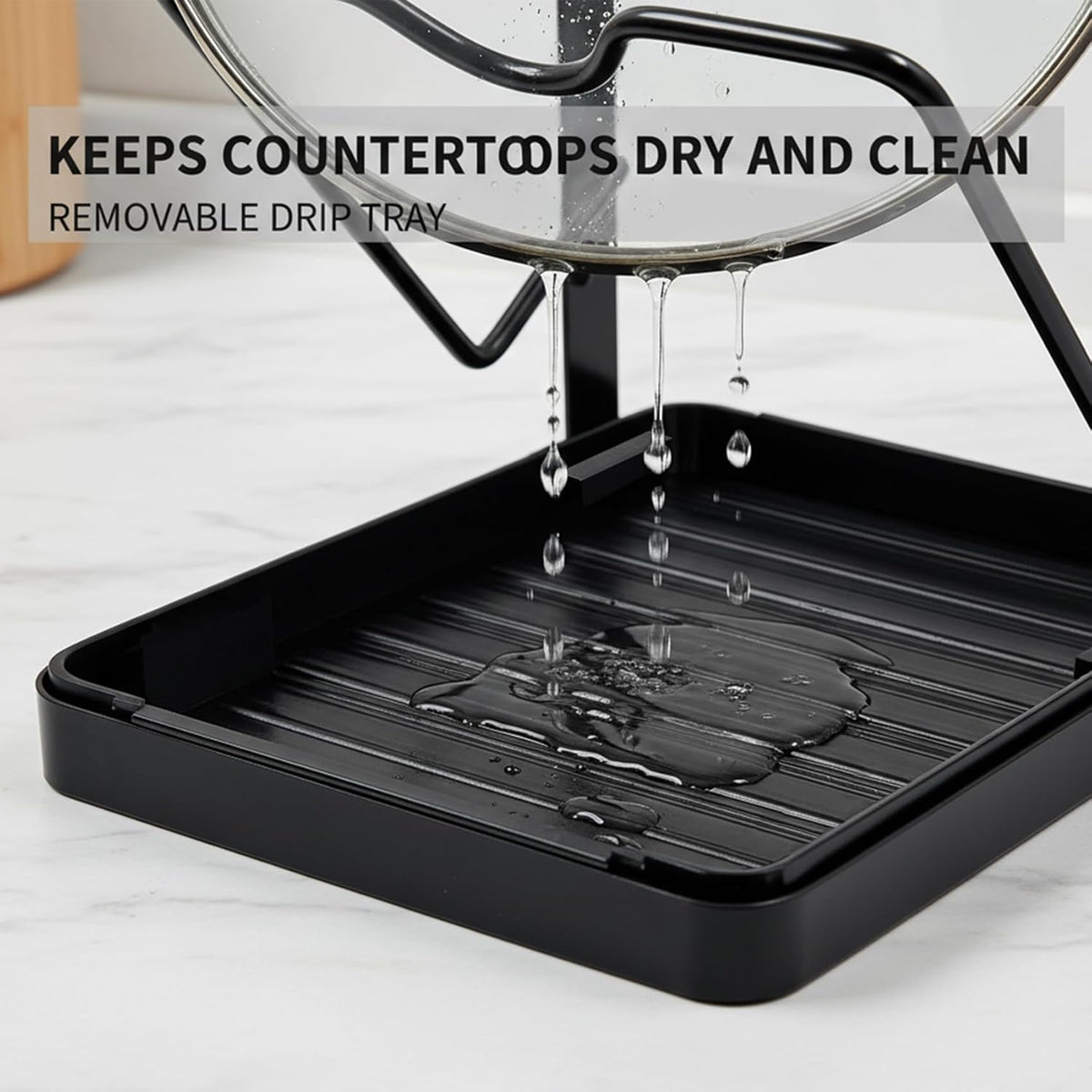2-Tier Pot Lid Holder While Cooking, Countertop Organizer | Heavy Duty Pot Lid Organizer with Drip Tray and U-Shaped Groove, Lid and Spoon Rest for Kitchen Countertops
