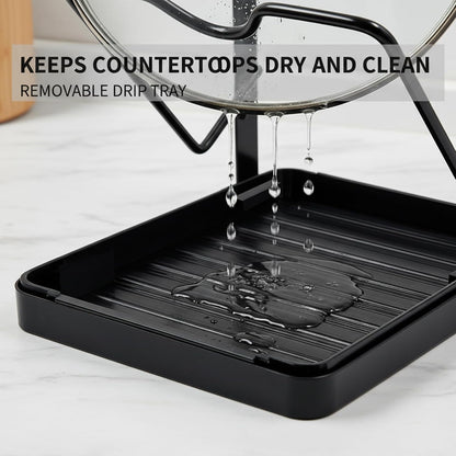 2-Tier Pot Lid Holder While Cooking, Countertop Organizer | Heavy Duty Pot Lid Organizer with Drip Tray and U-Shaped Groove, Lid and Spoon Rest for Kitchen Countertops