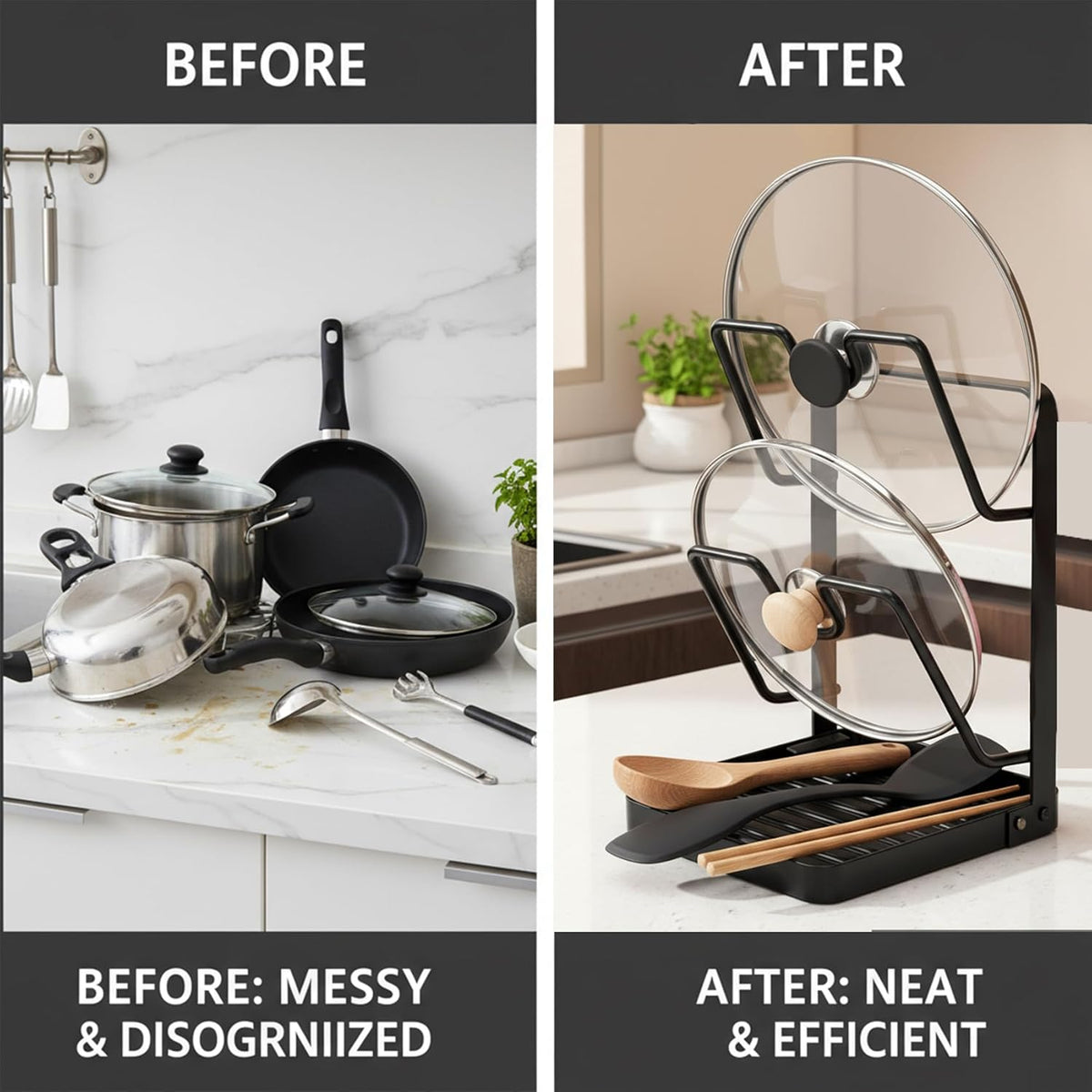 2-Tier Pot Lid Holder While Cooking, Countertop Organizer | Heavy Duty Pot Lid Organizer with Drip Tray and U-Shaped Groove, Lid and Spoon Rest for Kitchen Countertops