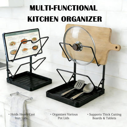 2-Tier Pot Lid Holder While Cooking, Countertop Organizer | Heavy Duty Pot Lid Organizer with Drip Tray and U-Shaped Groove, Lid and Spoon Rest for Kitchen Countertops