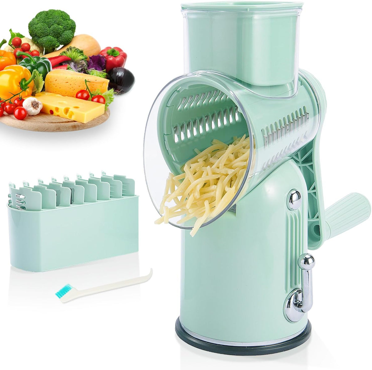 Hand Crank Rotary Cheese Grater, 5-in-1 Vegetable Slicer (Green)