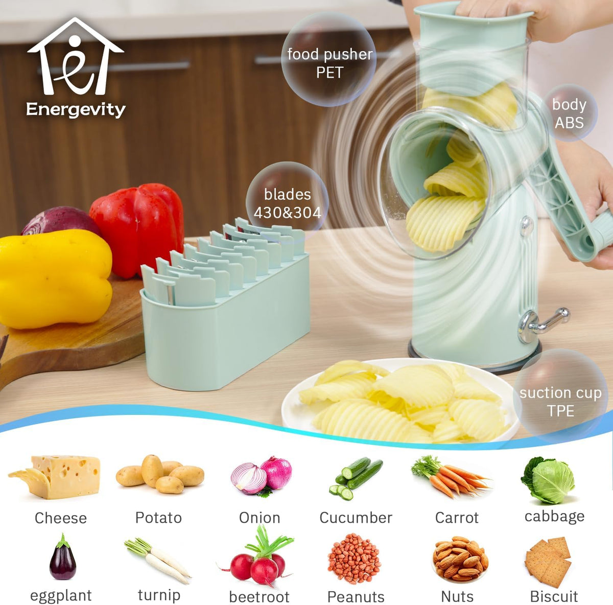 Hand Crank Rotary Cheese Grater, 5-in-1 Vegetable Slicer (Green)