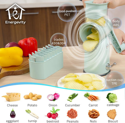 Hand Crank Rotary Cheese Grater, 5-in-1 Vegetable Slicer (Green)