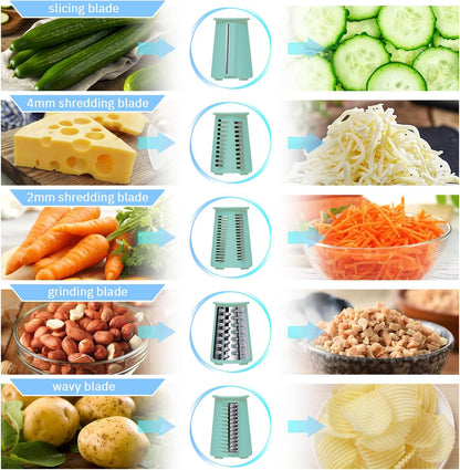 Hand Crank Rotary Cheese Grater, 5-in-1 Vegetable Slicer (Green)