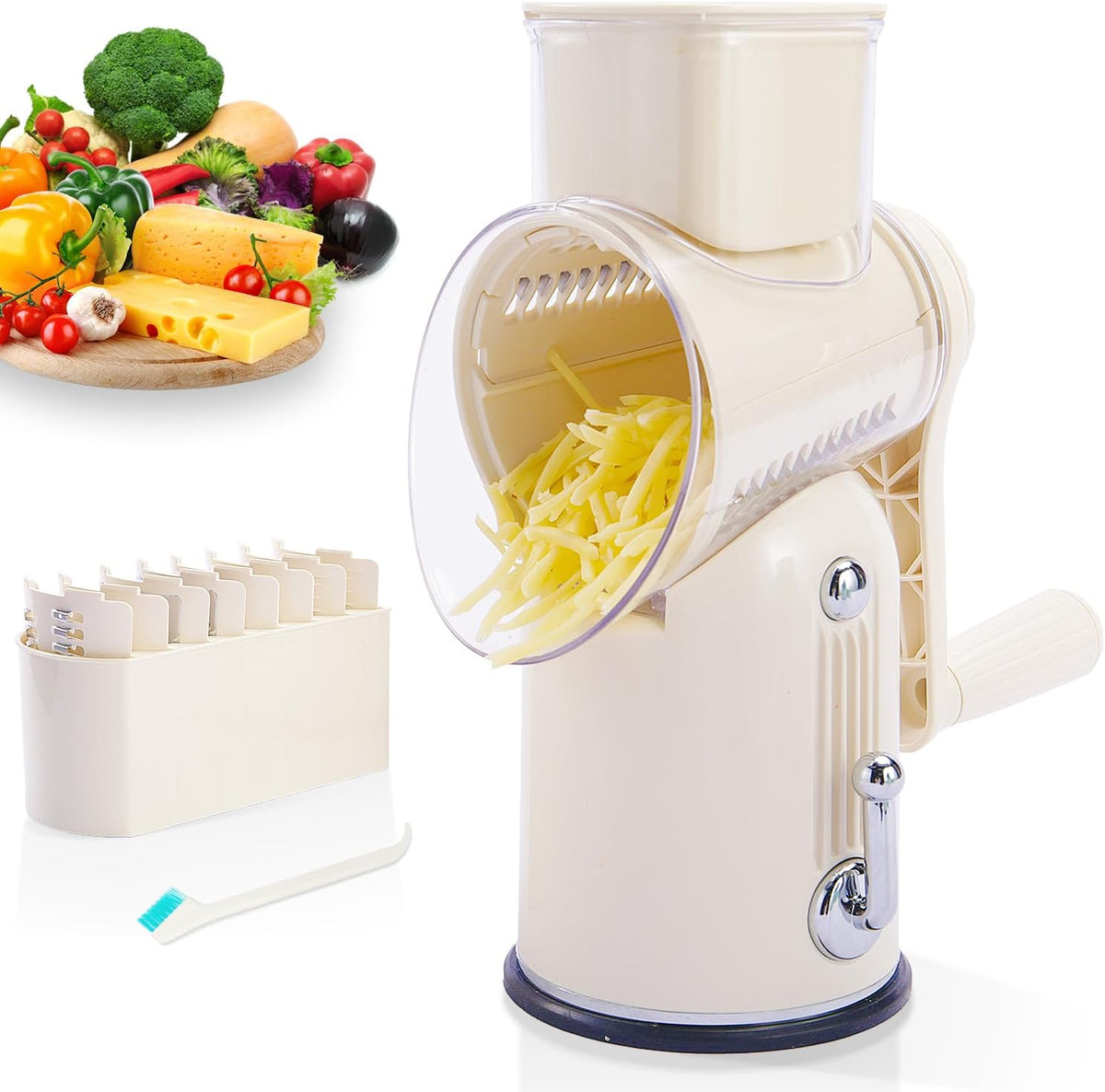 Hand Crank Rotary Cheese Grater, 5-in-1 Vegetable Slicer (Green)