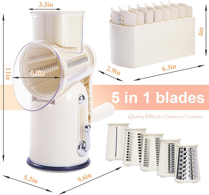 Hand Crank Rotary Cheese Grater, 5-in-1 Vegetable Slicer (Green)
