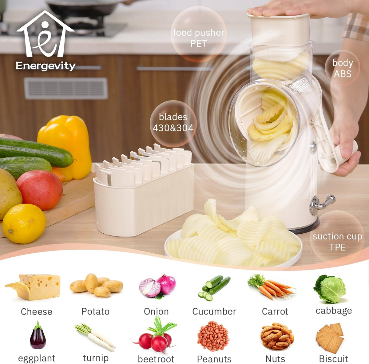 Hand Crank Rotary Cheese Grater, 5-in-1 Vegetable Slicer (Green)