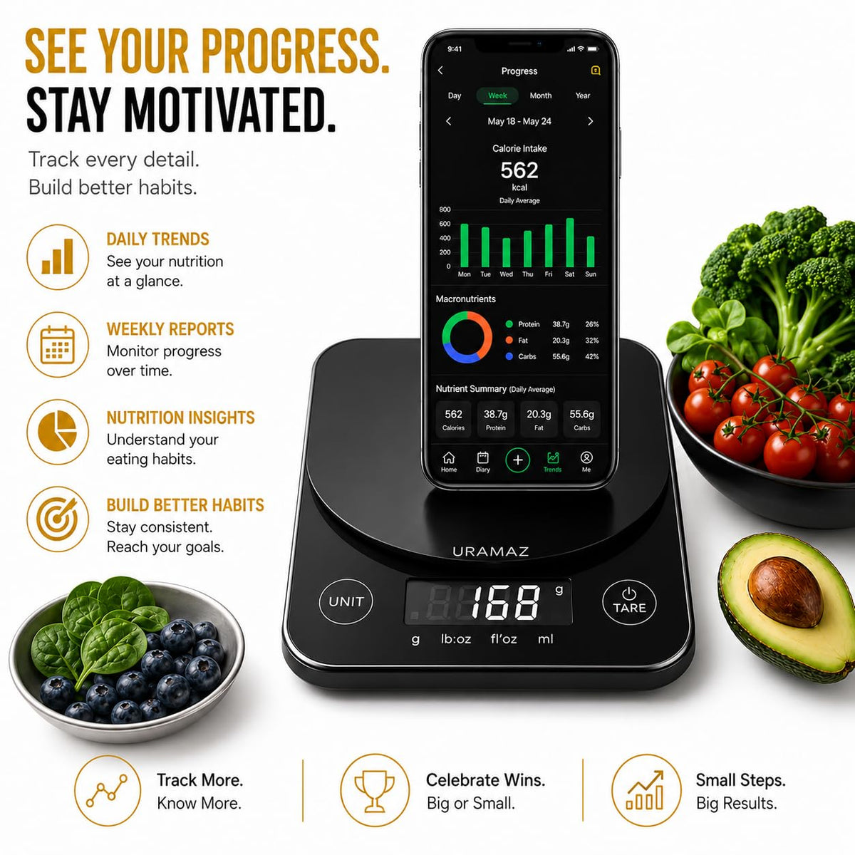 URAMAZ Smart Food Scale with Nutritional Calculator, Digital Kitchen Scale with Bluetooth App for Weight Loss, Food Weight Scale for Diet, Keto, Macro, Calories Counting, Tracking, 11lb