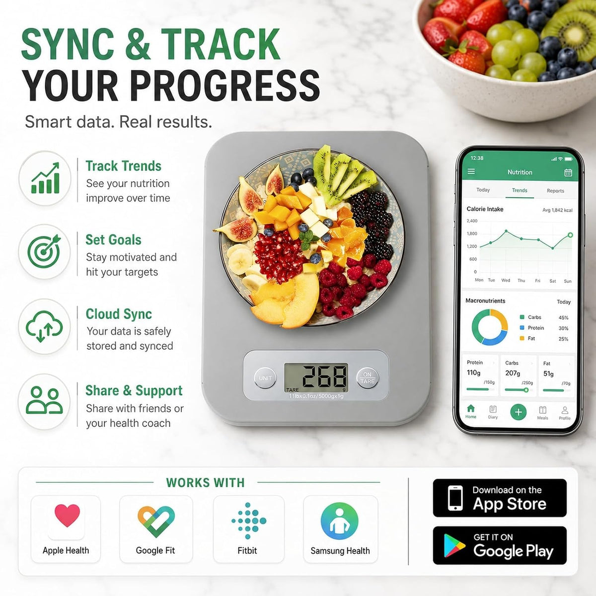 URAMAZ Smart Food Scale with Nutritional Calculator, Digital Kitchen Scale with Bluetooth App for Weight Loss, Food Weight Scale for Diet, Keto, Macro, Calories Counting, Tracking, 11lb