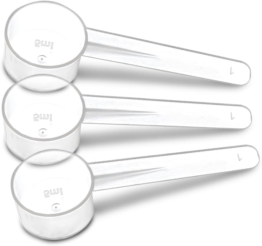 3 Pack Teaspoon Measuring Spoons, 1 Tsp (5 mL) Plastic Creatine Scoops | Clear short-handle 1 tsp scoops for creatine, coffee, spices, grains, powders, baking ingredients, supplements and dry goods.