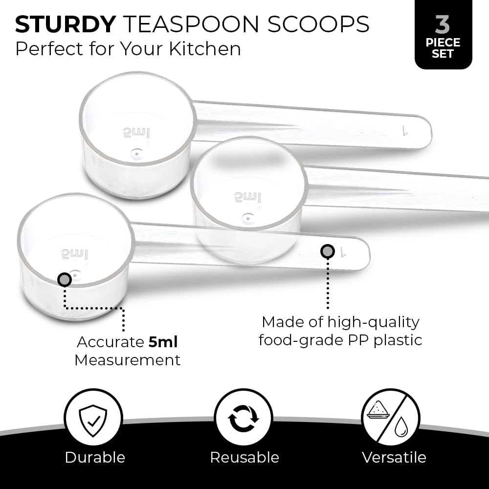 3 Pack Teaspoon Measuring Spoons, 1 Tsp (5 mL) Plastic Creatine Scoops | Clear short-handle 1 tsp scoops for creatine, coffee, spices, grains, powders, baking ingredients, supplements and dry goods.