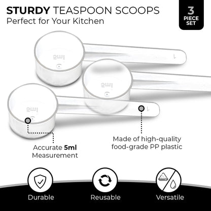 3 Pack Teaspoon Measuring Spoons, 1 Tsp (5 mL) Plastic Creatine Scoops | Clear short-handle 1 tsp scoops for creatine, coffee, spices, grains, powders, baking ingredients, supplements and dry goods.