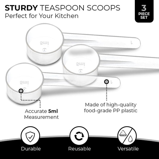 3 Pack Teaspoon Measuring Spoons, 1 Tsp (5 mL) Plastic Creatine Scoops | Clear short-handle 1 tsp scoops for creatine, coffee, spices, grains, powders, baking ingredients, supplements and dry goods.