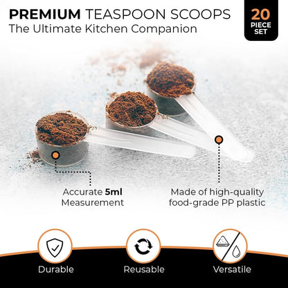 3 Pack Teaspoon Measuring Spoons, 1 Tsp (5 mL) Plastic Creatine Scoops | Clear short-handle 1 tsp scoops for creatine, coffee, spices, grains, powders, baking ingredients, supplements and dry goods.
