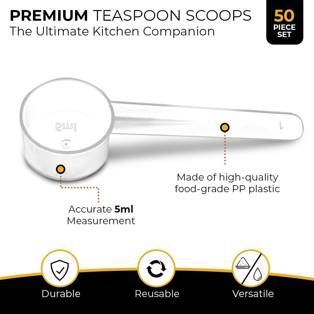 3 Pack Teaspoon Measuring Spoons, 1 Tsp (5 mL) Plastic Creatine Scoops | Clear short-handle 1 tsp scoops for creatine, coffee, spices, grains, powders, baking ingredients, supplements and dry goods.