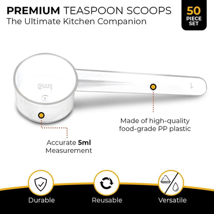 3 Pack Teaspoon Measuring Spoons, 1 Tsp (5 mL) Plastic Creatine Scoops | Clear short-handle 1 tsp scoops for creatine, coffee, spices, grains, powders, baking ingredients, supplements and dry goods.