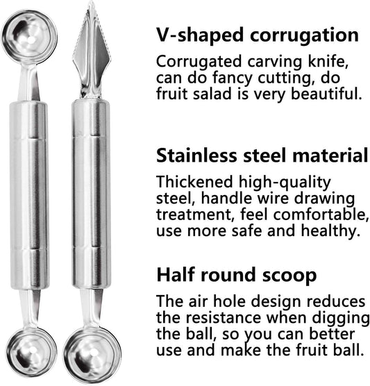 2PCS Melon Baller Scoop, Stainless Steel Double-Headed Fruit Baller Spoon and Fruit Carving Cuter, DIY Watermelon Cantaloupe Ice Cream Tool for Party Decoration