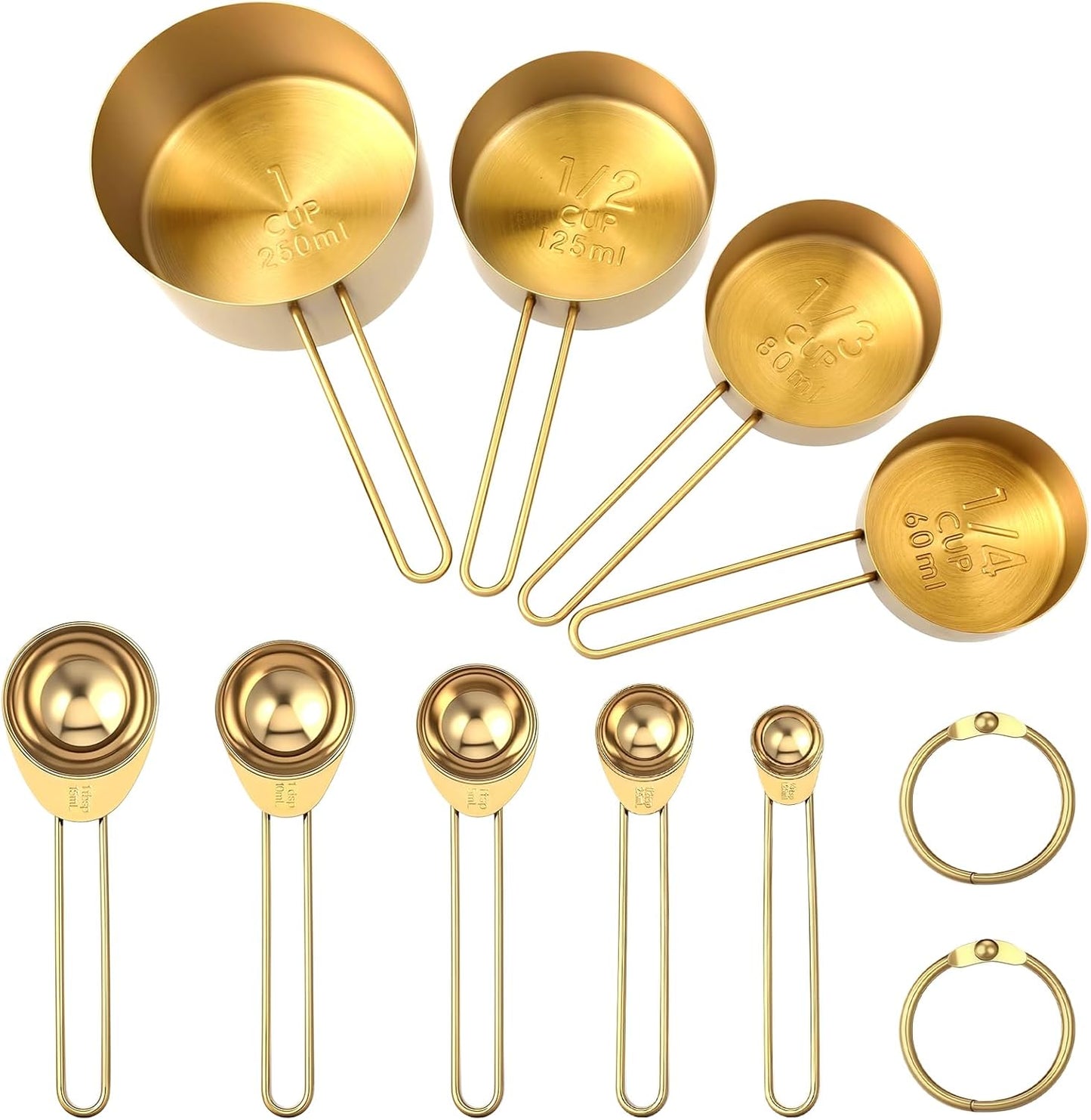 9PCS Stainless Steel Gold Measuring Cups And Spoons Set, Metal Stackable & Long Handle Measuring Cups Measuring Spoons Set Durable Rust-Proof for Kitchen Baking Cooking