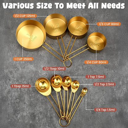 9PCS Stainless Steel Gold Measuring Cups And Spoons Set, Metal Stackable & Long Handle Measuring Cups Measuring Spoons Set Durable Rust-Proof for Kitchen Baking Cooking
