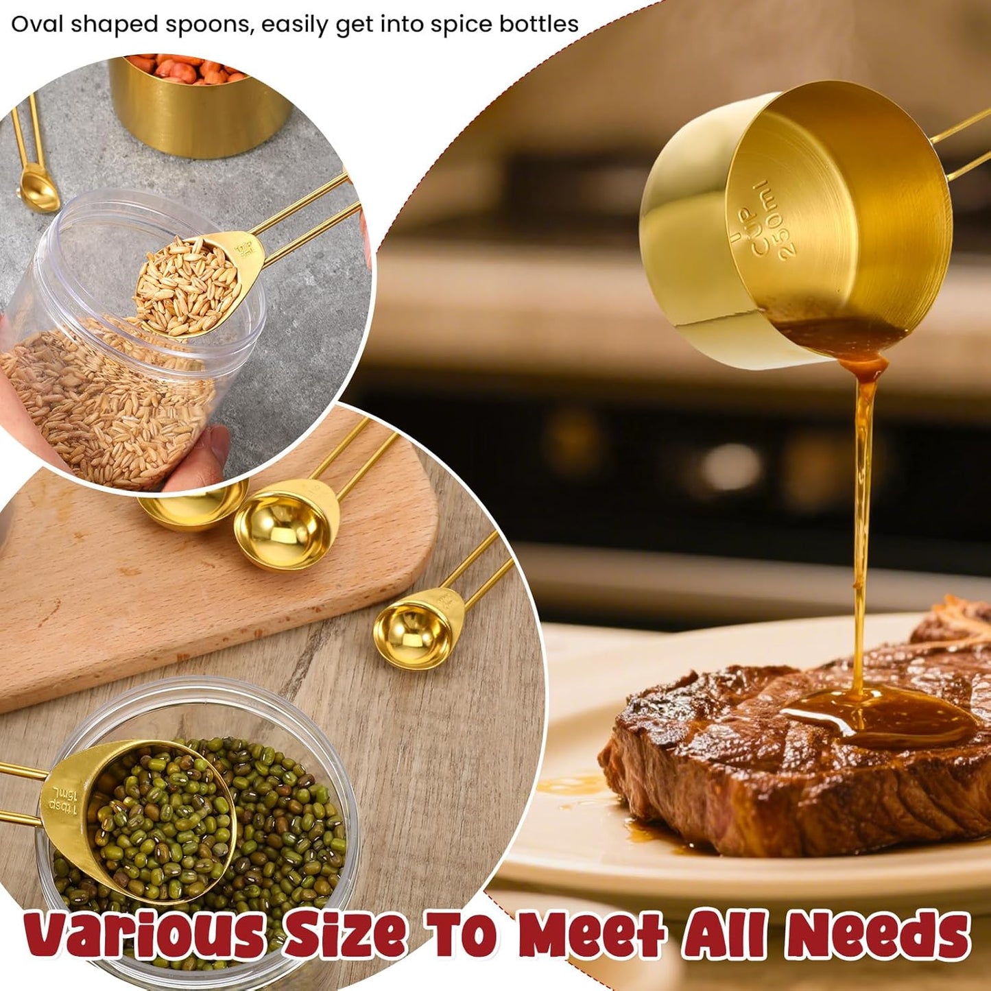 9PCS Stainless Steel Gold Measuring Cups And Spoons Set, Metal Stackable & Long Handle Measuring Cups Measuring Spoons Set Durable Rust-Proof for Kitchen Baking Cooking