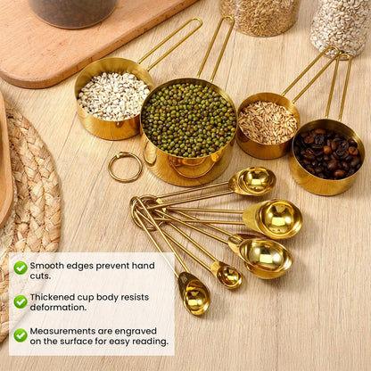 9PCS Stainless Steel Gold Measuring Cups And Spoons Set, Metal Stackable & Long Handle Measuring Cups Measuring Spoons Set Durable Rust-Proof for Kitchen Baking Cooking