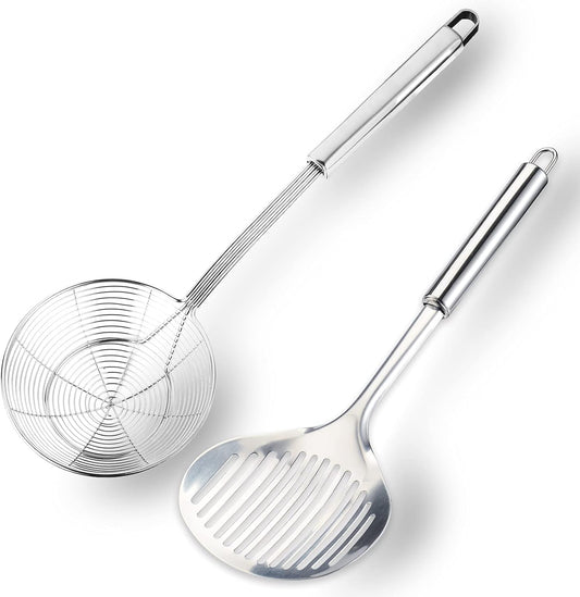 Multi Kitchen Utensil Stainless Steel Cooking Skimmer Slotted Fish Turner Spatula Spoon Colander Drain Water Filter Spoon Ladle Spider Strainer Skimmer Ladle for Cooking &Frying (2pcs)