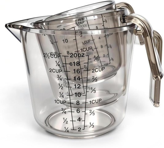 Measuring Cups Set, 3PCS with Pour Spout & Handle, Multi-Scale (cup | oz | ml) Stackable Liquid & Dry Plastic Measuring Tools for Baking Cooking, Essential Kitchen Gadgets (Coffee Brown)