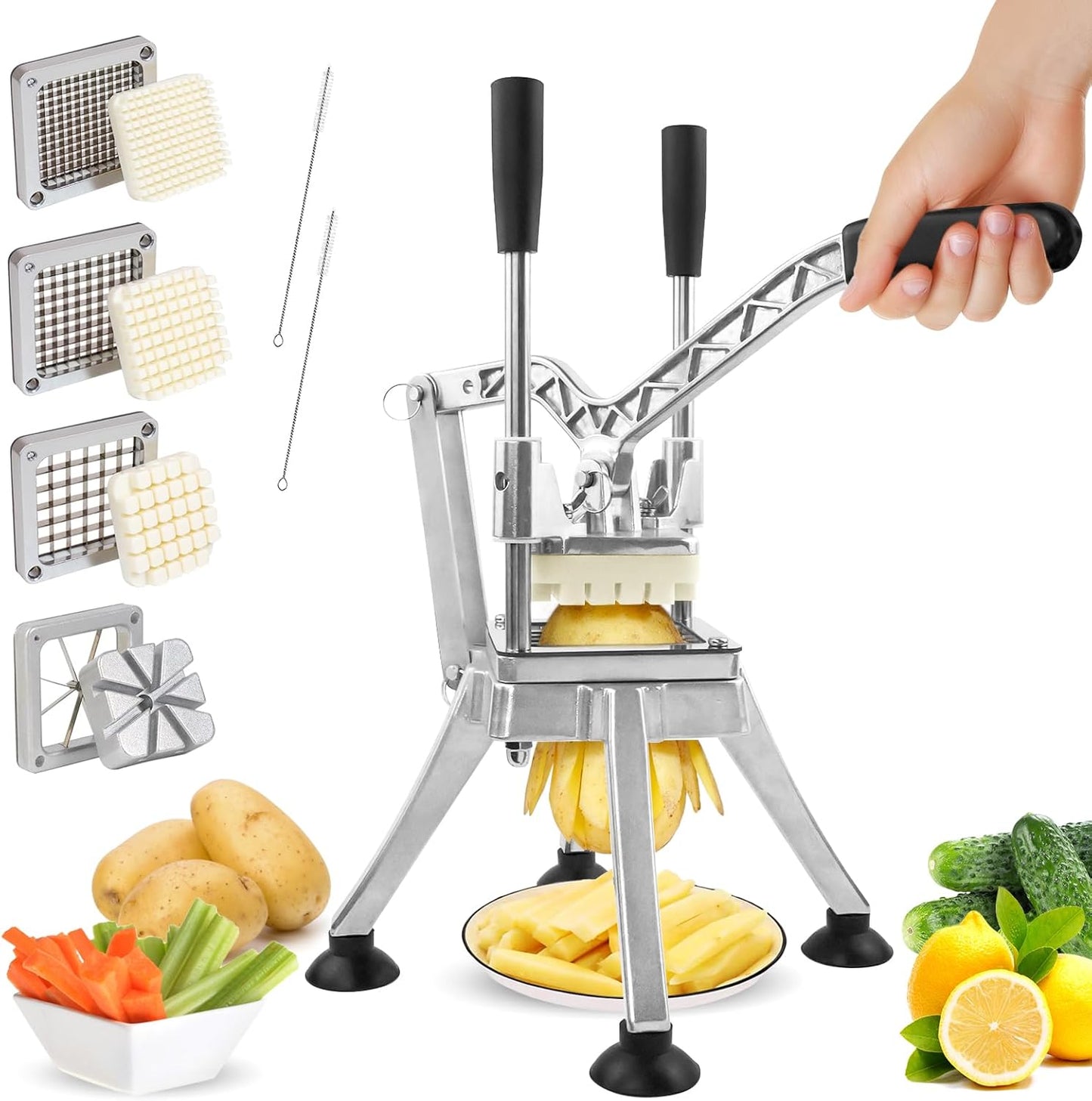 Commercial French Fry Cutter with 1/4'' 3/8'' 1/2'' 8-Wedges Stainless Steel Blades Vertical Potato Slicer Manual Vegetable Chopper for Onion Carrot Lemon