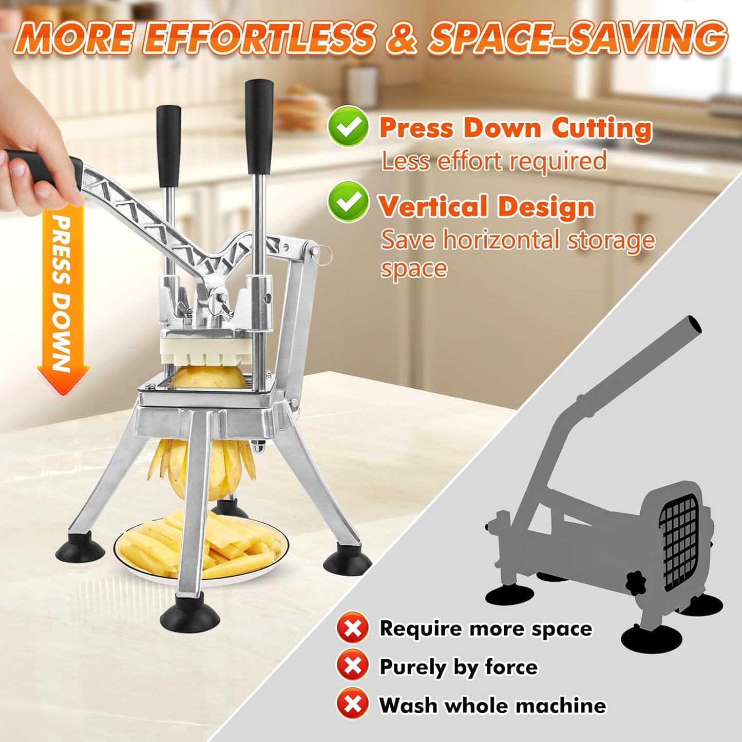 Commercial French Fry Cutter with 1/4'' 3/8'' 1/2'' 8-Wedges Stainless Steel Blades Vertical Potato Slicer Manual Vegetable Chopper for Onion Carrot Lemon