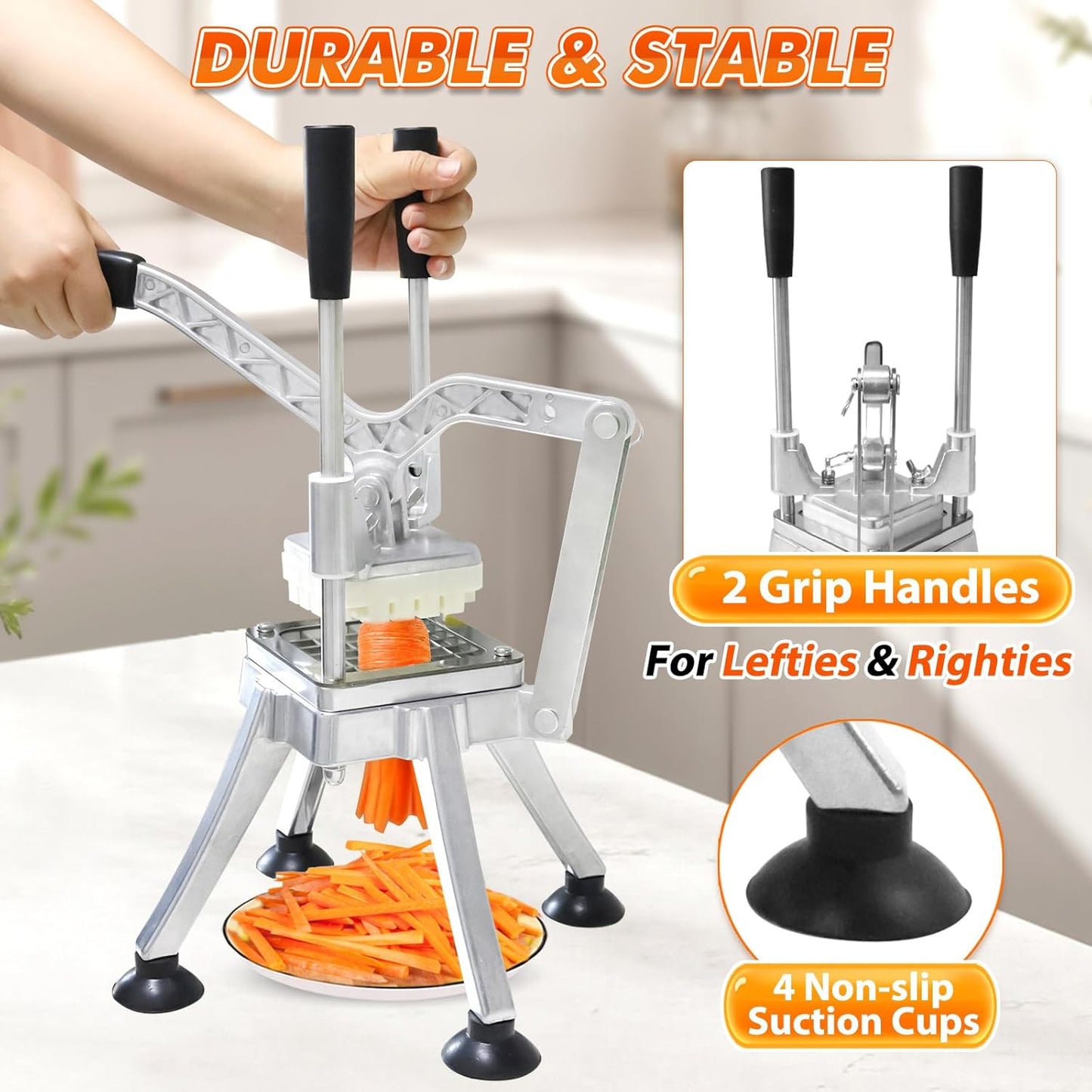 Commercial French Fry Cutter with 1/4'' 3/8'' 1/2'' 8-Wedges Stainless Steel Blades Vertical Potato Slicer Manual Vegetable Chopper for Onion Carrot Lemon