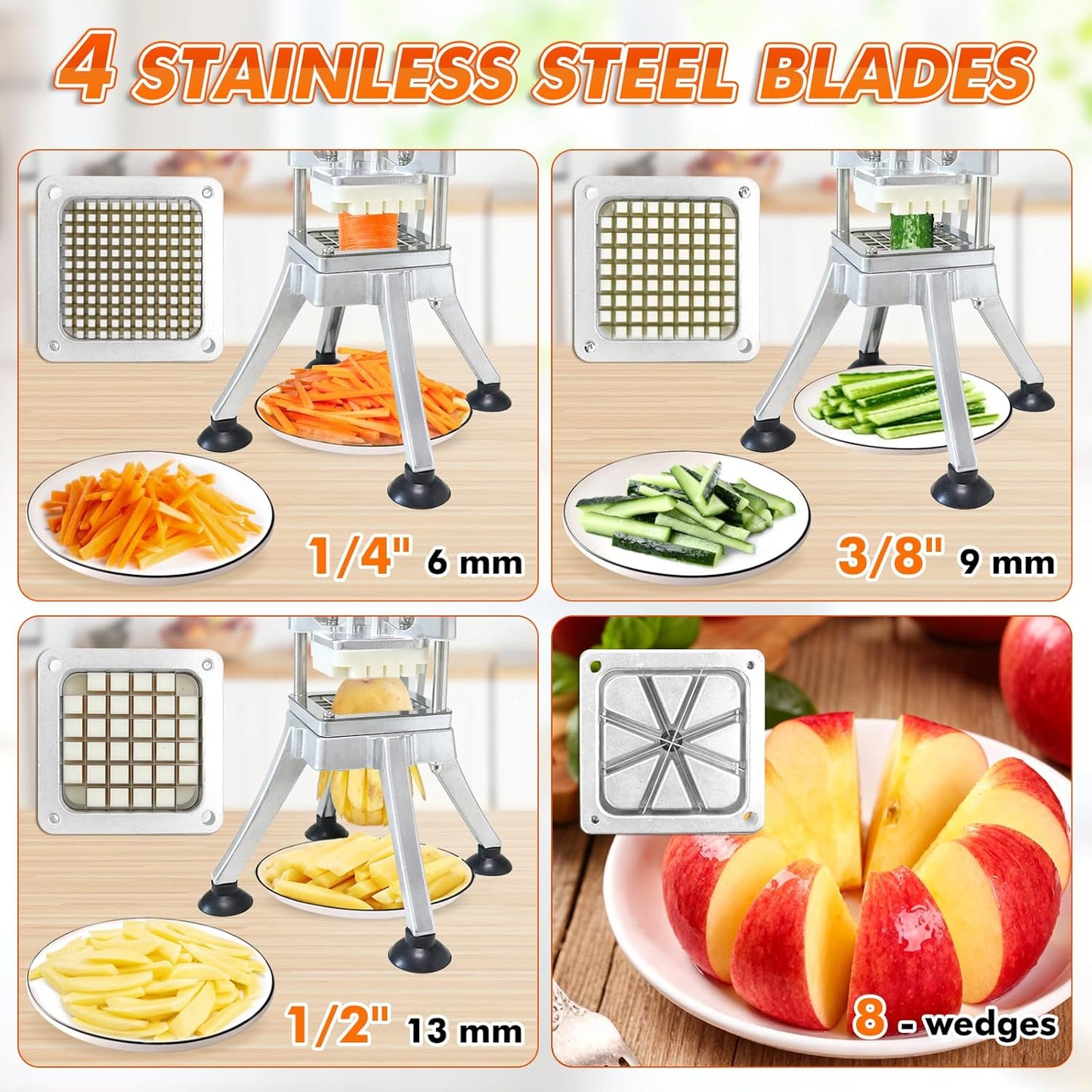 Commercial French Fry Cutter with 1/4'' 3/8'' 1/2'' 8-Wedges Stainless Steel Blades Vertical Potato Slicer Manual Vegetable Chopper for Onion Carrot Lemon