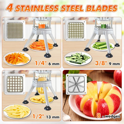 Commercial French Fry Cutter with 1/4'' 3/8'' 1/2'' 8-Wedges Stainless Steel Blades Vertical Potato Slicer Manual Vegetable Chopper for Onion Carrot Lemon