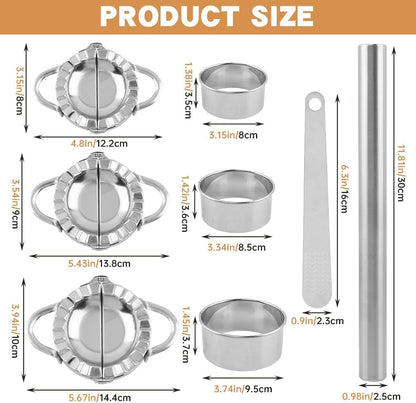 8Pcs Dumpling Maker Set, Stainless Steel Empanada Maker Press with Rolling Pin and Stuffing Scoop, Dough Cutter Dumpling Mold for Ravioli Pierogi Calzone, 3.15/3.54/3.94 Inch