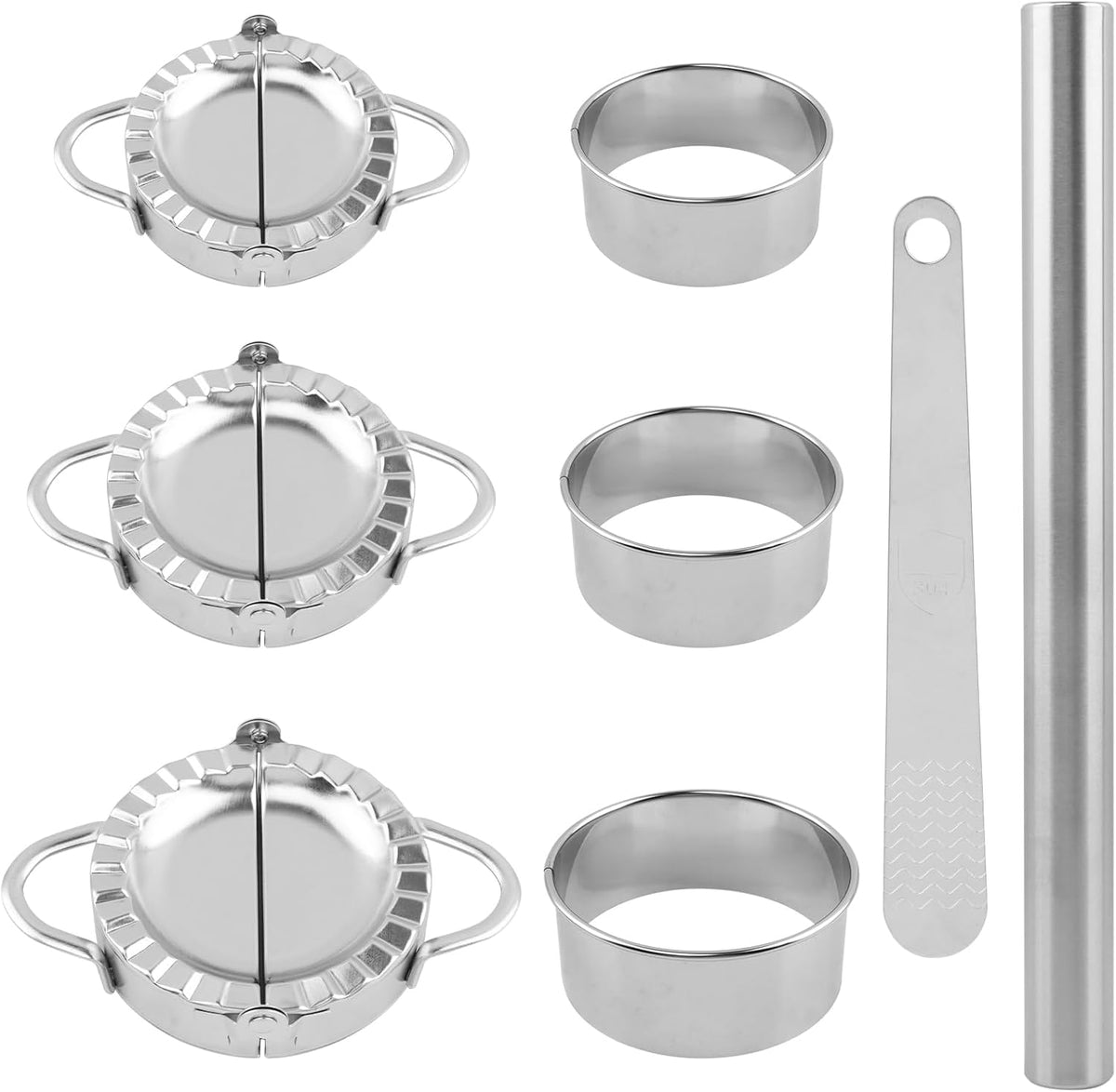 8Pcs Dumpling Maker Set, Stainless Steel Empanada Maker Press with Rolling Pin and Stuffing Scoop, Dough Cutter Dumpling Mold for Ravioli Pierogi Calzone, 3.15/3.54/3.94 Inch