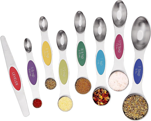 Magnetic Measuring Spoons Set of 8-Multicolor | Stainless Steel Stackable Dual Sided Nesting Teaspoons and Tablespoons for Measuring Dry and Liquid Ingredients