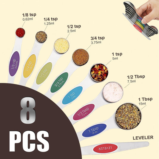 Magnetic Measuring Spoons Set of 8-Multicolor | Stainless Steel Stackable Dual Sided Nesting Teaspoons and Tablespoons for Measuring Dry and Liquid Ingredients