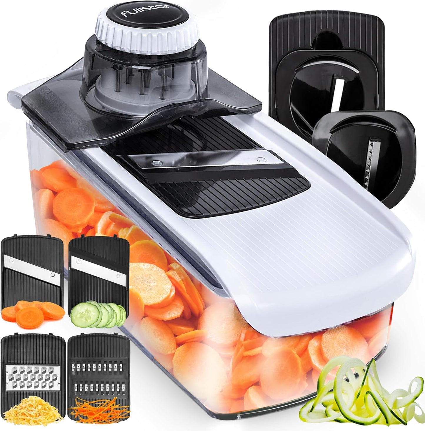 Pro Mandoline Vegetable Slicer, Grater & Spiralizer with Container | 6 in 1 Fruit Cutter, Cheese Grater & Spiralizer with Safety Gloves, Stainless Steel Blades & Container (White)