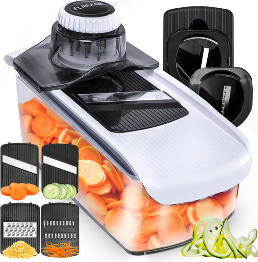 Pro Mandoline Vegetable Slicer, Grater & Spiralizer with Container | 6 in 1 Fruit Cutter, Cheese Grater & Spiralizer with Safety Gloves, Stainless Steel Blades & Container (White)