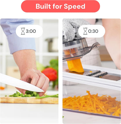 Pro Mandoline Vegetable Slicer, Grater & Spiralizer with Container | 6 in 1 Fruit Cutter, Cheese Grater & Spiralizer with Safety Gloves, Stainless Steel Blades & Container (White)