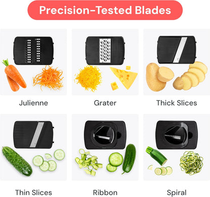 Pro Mandoline Vegetable Slicer, Grater & Spiralizer with Container | 6 in 1 Fruit Cutter, Cheese Grater & Spiralizer with Safety Gloves, Stainless Steel Blades & Container (White)