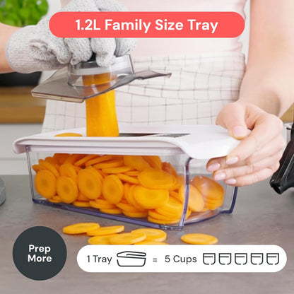 Pro Mandoline Vegetable Slicer, Grater & Spiralizer with Container | 6 in 1 Fruit Cutter, Cheese Grater & Spiralizer with Safety Gloves, Stainless Steel Blades & Container (White)