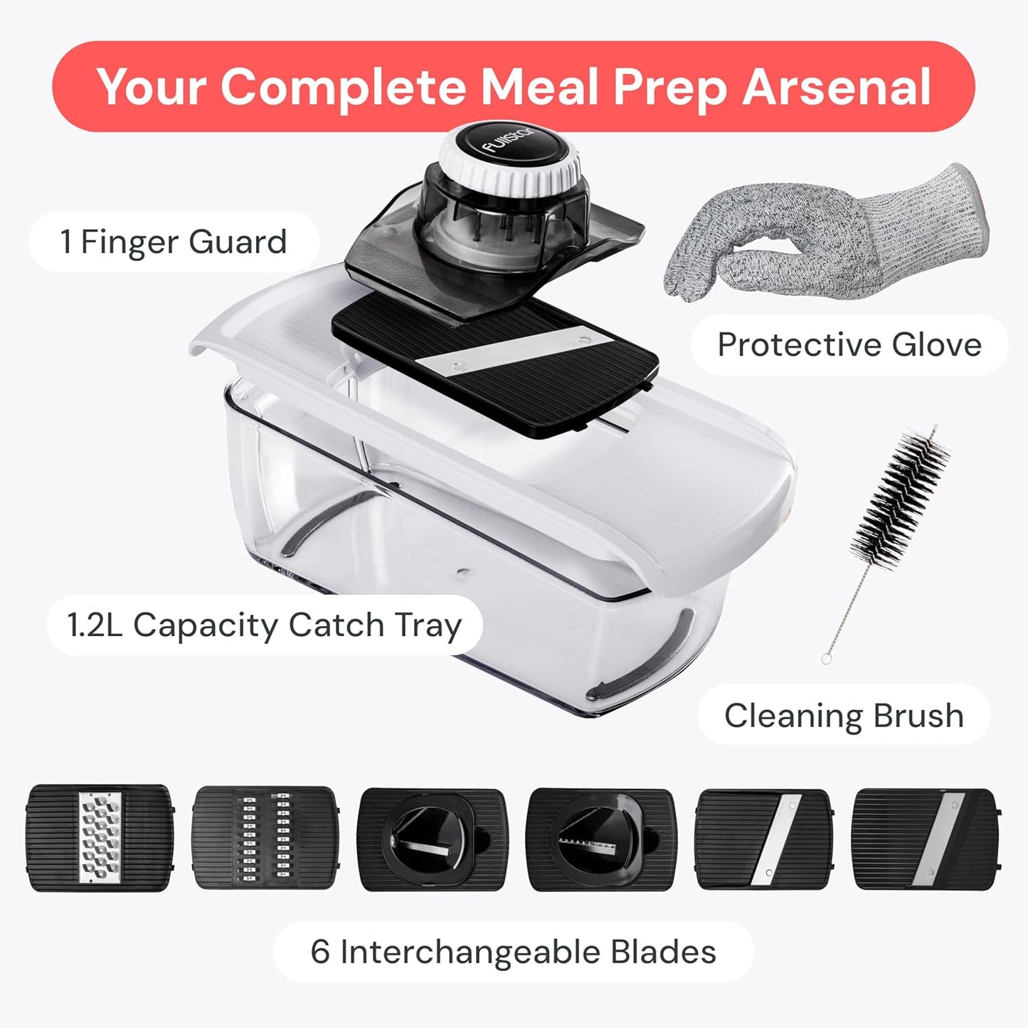 Pro Mandoline Vegetable Slicer, Grater & Spiralizer with Container | 6 in 1 Fruit Cutter, Cheese Grater & Spiralizer with Safety Gloves, Stainless Steel Blades & Container (White)