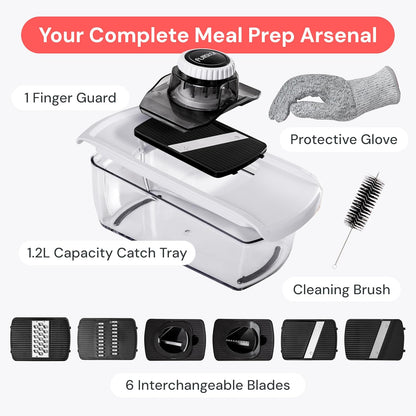 Pro Mandoline Vegetable Slicer, Grater & Spiralizer with Container | 6 in 1 Fruit Cutter, Cheese Grater & Spiralizer with Safety Gloves, Stainless Steel Blades & Container (White)