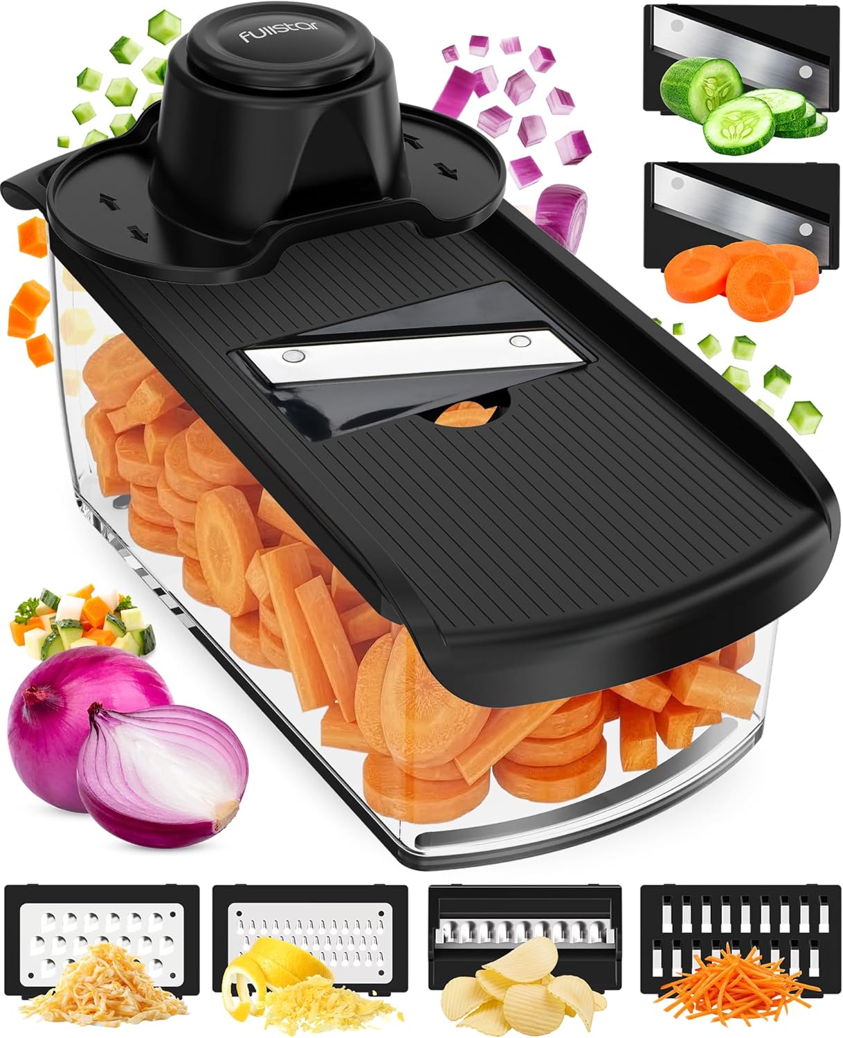 Pro Mandoline Vegetable Slicer, Grater & Spiralizer with Container | 6 in 1 Fruit Cutter, Cheese Grater & Spiralizer with Safety Gloves, Stainless Steel Blades & Container (White)