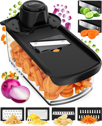 Pro Mandoline Vegetable Slicer, Grater & Spiralizer with Container | 6 in 1 Fruit Cutter, Cheese Grater & Spiralizer with Safety Gloves, Stainless Steel Blades & Container (White)