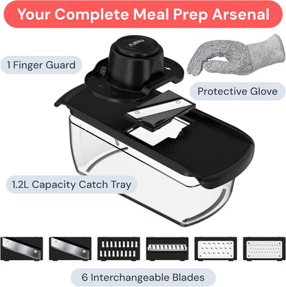 Pro Mandoline Vegetable Slicer, Grater & Spiralizer with Container | 6 in 1 Fruit Cutter, Cheese Grater & Spiralizer with Safety Gloves, Stainless Steel Blades & Container (White)