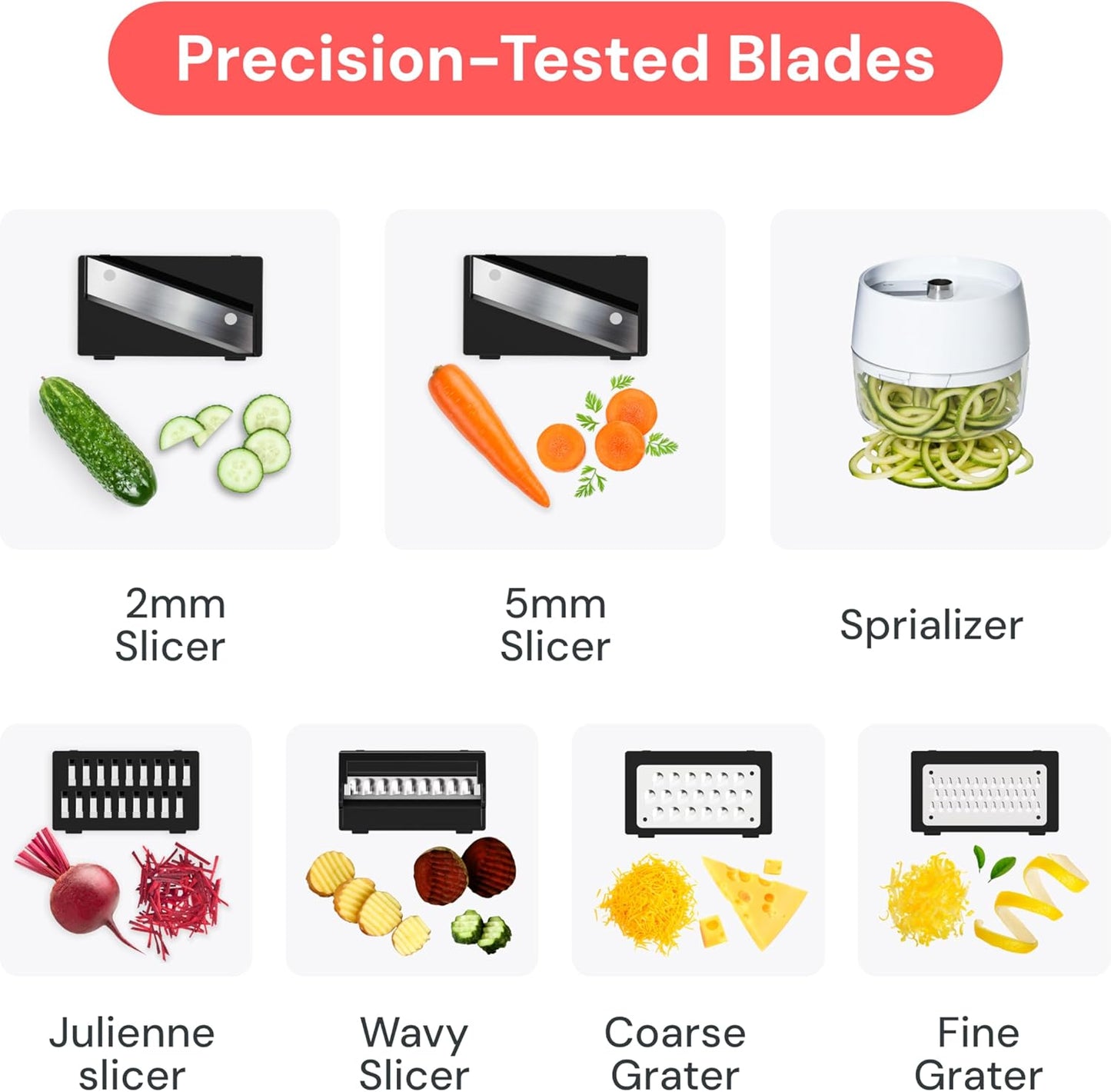 Pro Mandoline Vegetable Slicer, Grater & Spiralizer with Container | 6 in 1 Fruit Cutter, Cheese Grater & Spiralizer with Safety Gloves, Stainless Steel Blades & Container (White)